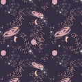 Vector space seamless pattern with planets, constellations and stars.