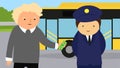 Police officer giving bribe to a man in a bus stop.