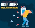 illustration vector graphic of a man holding a bottle filled with prohibited drugs, showing the drugs falling scattered