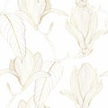 Seamless floral pattern with golden line tropical magnolia flowers with leaves background. Royalty Free Stock Photo