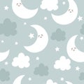 Cute sleeping moon seamless pattern. Baby background with moon, clouds and stars. Royalty Free Stock Photo