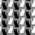 Blck and white line cats seamless pattern isolated on grey background Royalty Free Stock Photo