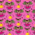 Tropical seamless pattern, with funny cartoon chihuahua dog and watermelon, lemon slice and island Royalty Free Stock Photo
