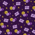 Birthday presents and balloons seamless pattern on purple background