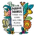 Magic words poster with cute cartoon animals. Royalty Free Stock Photo