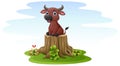 Cartoon buffalo sitting on tree stump Royalty Free Stock Photo