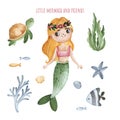 Cute illustration with mermaid and friends.Set with turtle,shells,fishes,corals and seaweeds Royalty Free Stock Photo