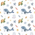 Cute seamless background with turtle,shells,fishes,whale,octopus and starfish.Underwater collection.