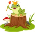 Cartoon Happy king frog on log wood
