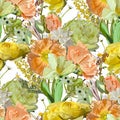 Seamless pattern with yellow beige poppy, peony, tulips flowers on a white background with sequins. Royalty Free Stock Photo