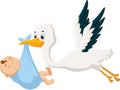 Cartoon Stork carrying baby isolated on white Royalty Free Stock Photo