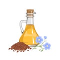 Linseed oil in glass bottle, heap of seeds and flowers.