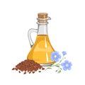 Linseed oil in glass bottle, heap of seeds and flowers. Royalty Free Stock Photo