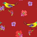 Canaries is yellow birds, drawing on seamless. For printing.