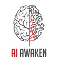 Artificial intelligence awaken - concept logo - human brain and integrated circuit