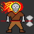 Fighting warrior with fire skull head in pixel art.