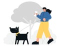 Happy woman walking with her dog in a park. Daily exercise and health benefit. Flat vector illustration with animals and people Royalty Free Stock Photo