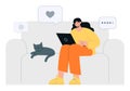 Cute woman sitting on a sofa with a cat and searching internet network on her laptop. Flat vector illustration.