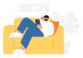 Cute man laying on a sofa and searching internet network with his phone. Flat vector illustration.