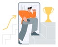 Man running stairs for trophy and win. Flat vector minimalist illustration of business, success and career stairs