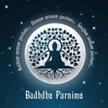 Happy Buddha Purnima Vesak Lord Buddha in Meditation under Tree at beautiful Moon Light coming from Back, Full Moon Night