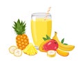 Tropical smoothie with pineapple, banana and mango. Healthy drink in glass isolated on white. Royalty Free Stock Photo