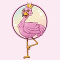 Pink flamingo with golden crown in round frame. Vector illustration.