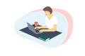 Busy Young Woman Sitting at the Desk and Using Laptop. Typing Text on Keyboard. Office Manager for Business Infographics