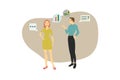 Busy Young Woman and Man Standing and Discussing Work Issues. Conversation, Thoughts, Chart