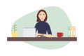 Busy Young Woman Sitting at the Desk with Laptop, Cup and Folders. Office Manager for Business Infographics. Vector Illustration