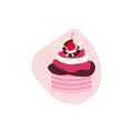 Sweet Pink Cupcake with Cherry and Chocolate. Vector Illustration of Tasty Birthday Dessert