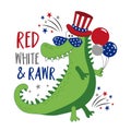 Red white and rawr - 4th of july decoration for kids. Funny alligator in hat, and with balloons.