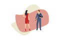 A Woman in a Red Dress and a Man in a Suit with smartphones in hands. Office Workers for Business Infographics