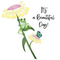 Happy Frog Resting Daisy-like flower leaf. Graphic Royalty Free Stock Photo