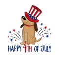 Happy 4th of July - cartoon dog in uncle sam hat and with fireworks