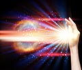 Healing hand, hand with spark of hope, life force energy, prana aura clearing the light of faith cosmic energy elaing background Royalty Free Stock Photo