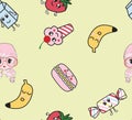 Cone Ice Cream and Fruits Doodle Faces Conversational Seamless Pattern