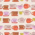 Tea Pot Cup and Mugs Doodle Face Pots Seamless Pattern Vector