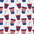 Amrican colors coffee cups seamless pattern - hand drawn take away coffee cups Royalty Free Stock Photo