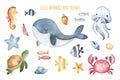 Watercolor illustration with cute underwater animals Royalty Free Stock Photo