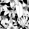 Tropical exotic floral line black white flowers seamless pattern, line background. Royalty Free Stock Photo