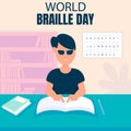 illustration vector graphic of a blind person is learning to read a book with a braille alphabet in the room Royalty Free Stock Photo