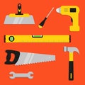 Set of construction tools. Hammer, saw, tape measure, screwdriver, hammer. Royalty Free Stock Photo