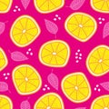 Lemon pattern - hand drawn lemon slice and levaes isolated on pink backgound Royalty Free Stock Photo