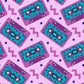 Retro cassette purple pattern. Seamless vintage 90s party, music audio cassette. Vector