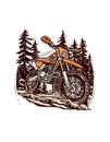 motorcycle in front of a forest Hand drawn illustration, motorcycle Hand drawn illustration design, tshirt design illustration Royalty Free Stock Photo