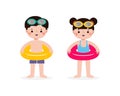 set of children wearing swimming suits and rings, Cute Kids cartoon Pool party characters Royalty Free Stock Photo