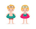 set of children wearing swimming suits and rings, Cute Kids cartoon Pool party characters Royalty Free Stock Photo