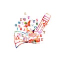 Open book with pencil, letters and butterflies isolated