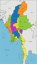 Colorful Myanmar political map with clearly labeled, separated layers.